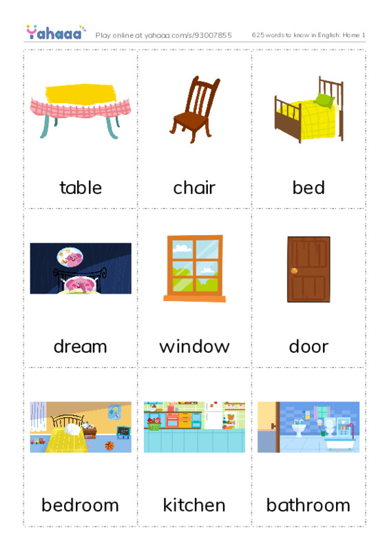 625 words to know in English: Home 1 PDF flaschards with images