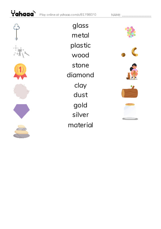 625 words to know in English: Materials PDF three columns match words