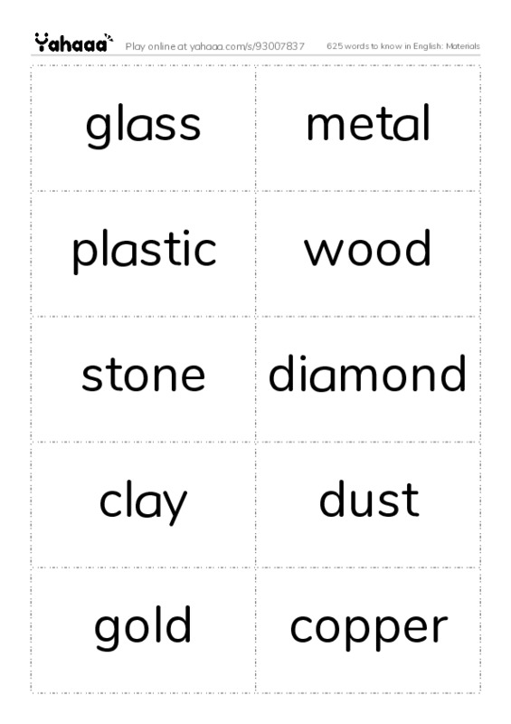 625 words to know in English: Materials PDF two columns flashcards