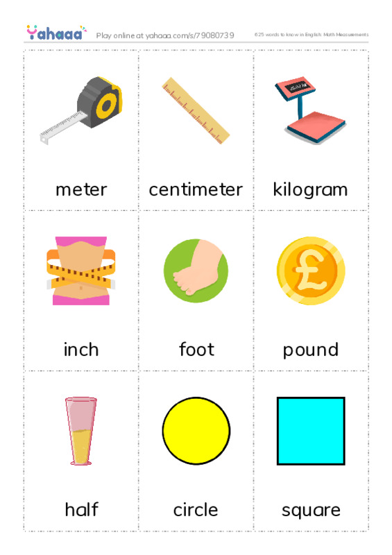 625 words to know in English: Math Measurements PDF flaschards with images