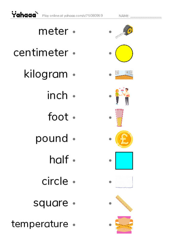 625 words to know in English: Math Measurements PDF link match words worksheet