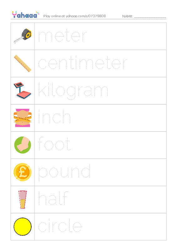 625 words to know in English: Math Measurements PDF one column image words