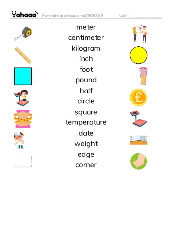 625 words to know in English: Math Measurements PDF three columns match words