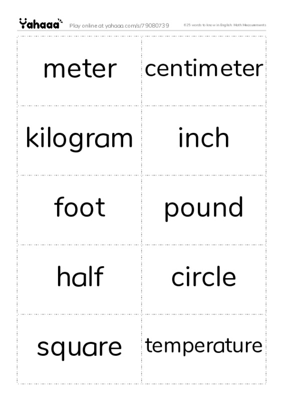 625 words to know in English: Math Measurements PDF two columns flashcards