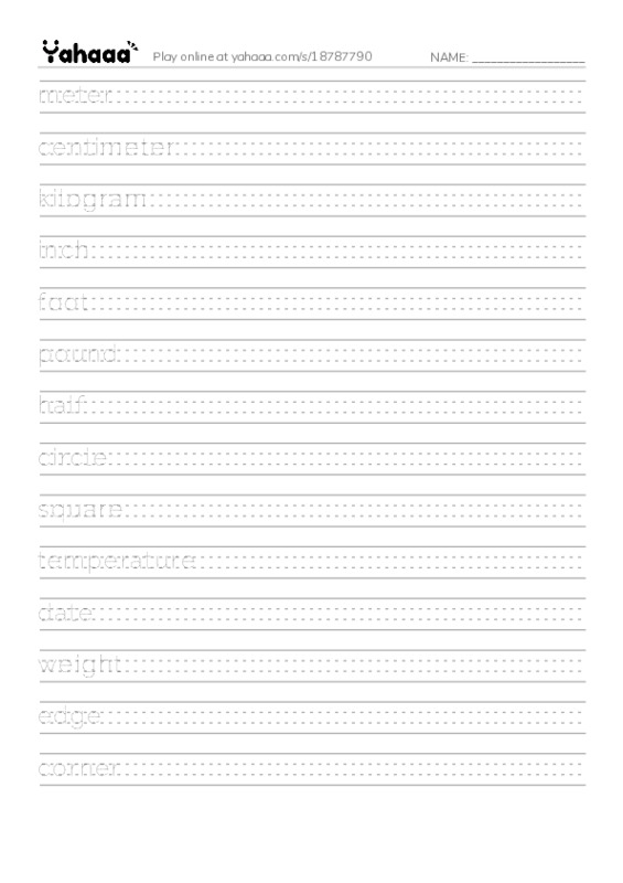 625 words to know in English: Math Measurements PDF write between the lines worksheet