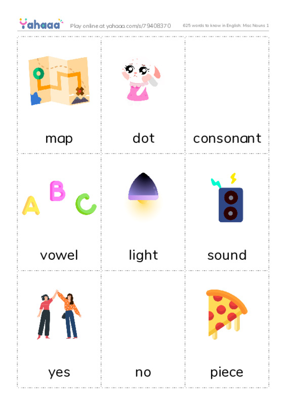625 words to know in English: Misc Nouns 1 PDF flaschards with images