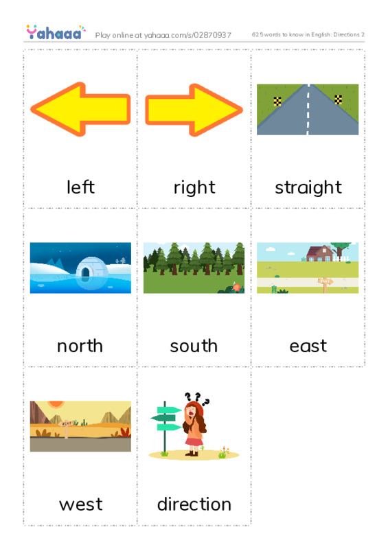 625 words to know in English: Directions 2 PDF flaschards with images