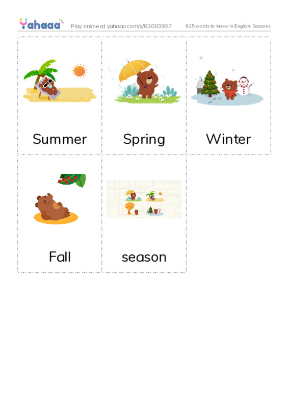 625 words to know in English: Seasons PDF flaschards with images
