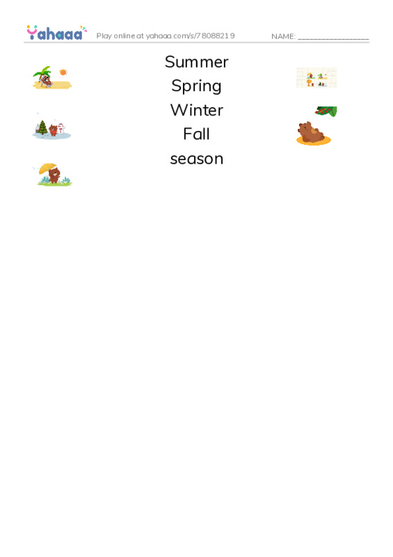 625 words to know in English: Seasons PDF three columns match words