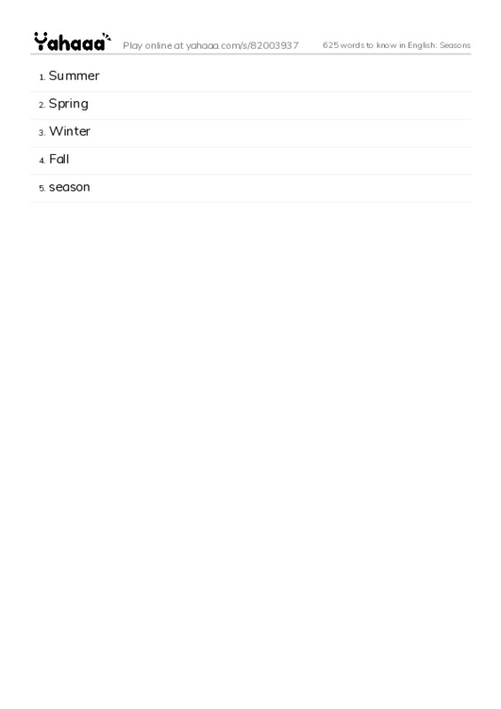 625 words to know in English: Seasons PDF words glossary