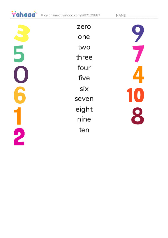625 words to know in English: Numbers 1 PDF three columns match words