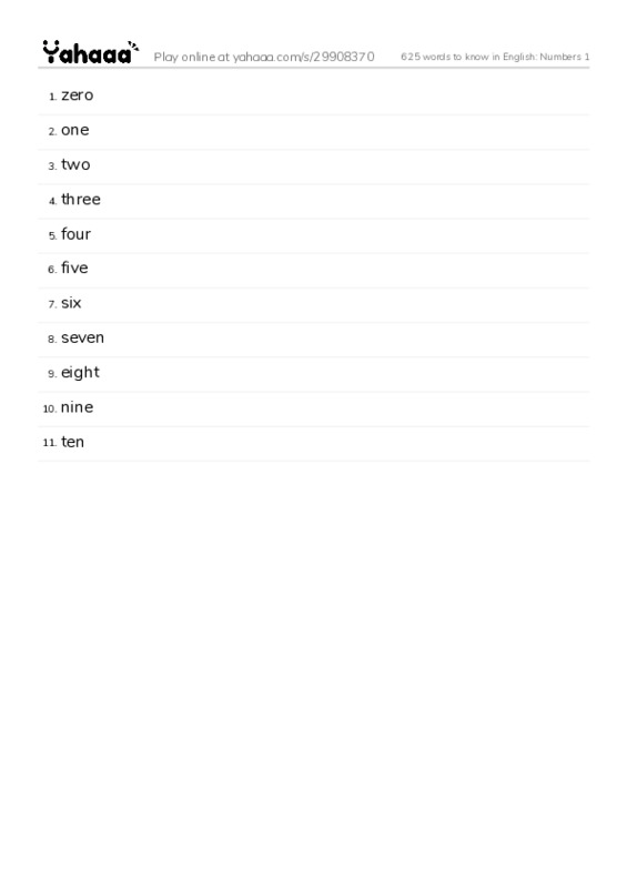 625 words to know in English: Numbers 1 PDF words glossary