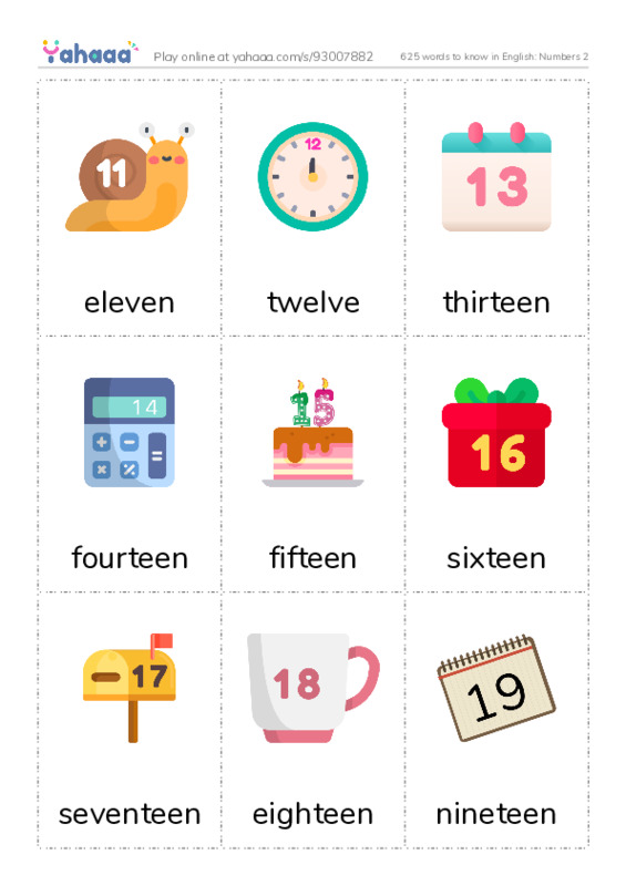 625 words to know in English: Numbers 2 PDF flaschards with images