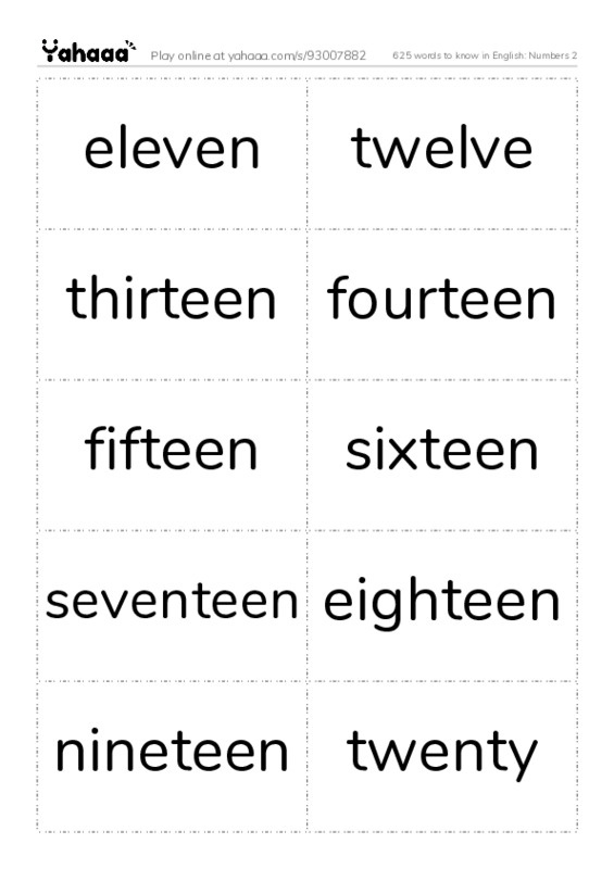 625 words to know in English: Numbers 2 PDF two columns flashcards