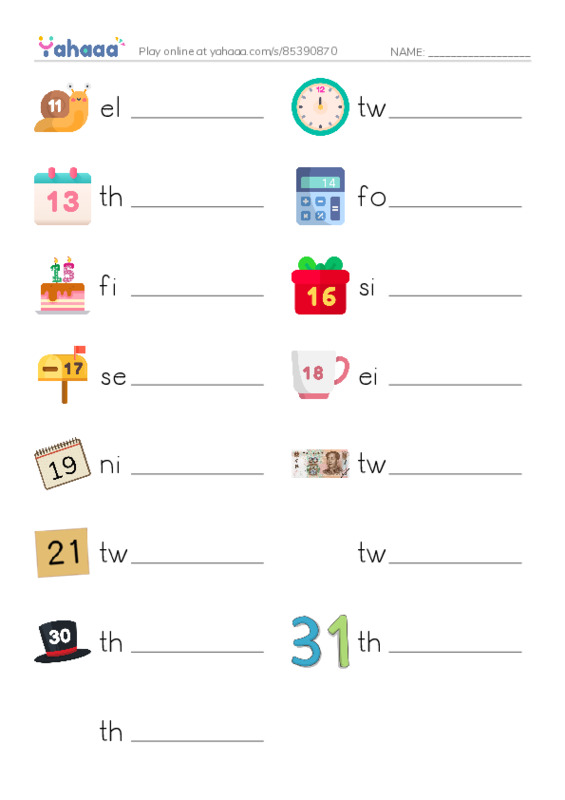 625 words to know in English: Numbers 2 PDF worksheet writing row