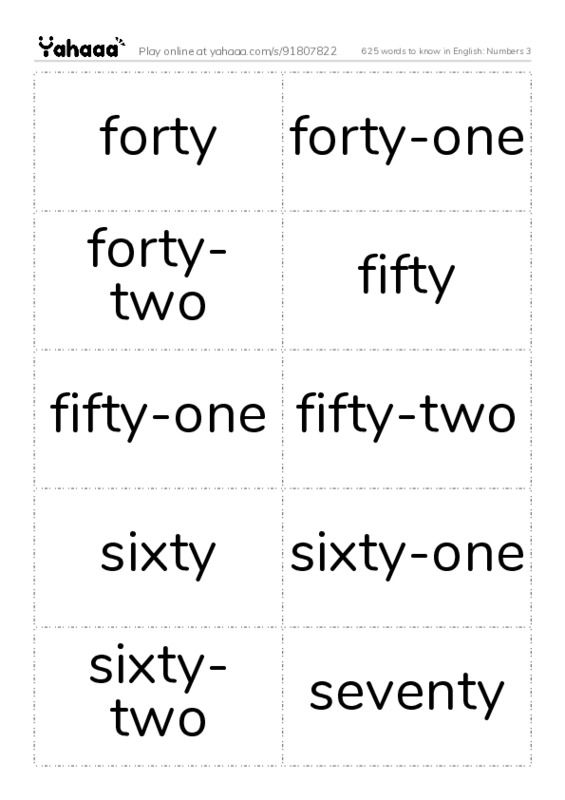 625 words to know in English: Numbers 3 PDF two columns flashcards