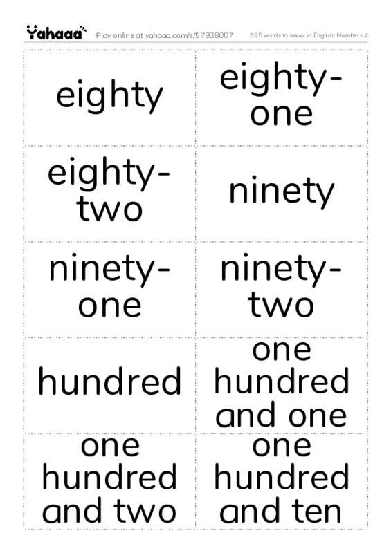 625 words to know in English: Numbers 4 PDF two columns flashcards