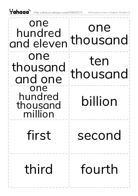 625 words to know in English: Numbers 5 PDF two columns flashcards