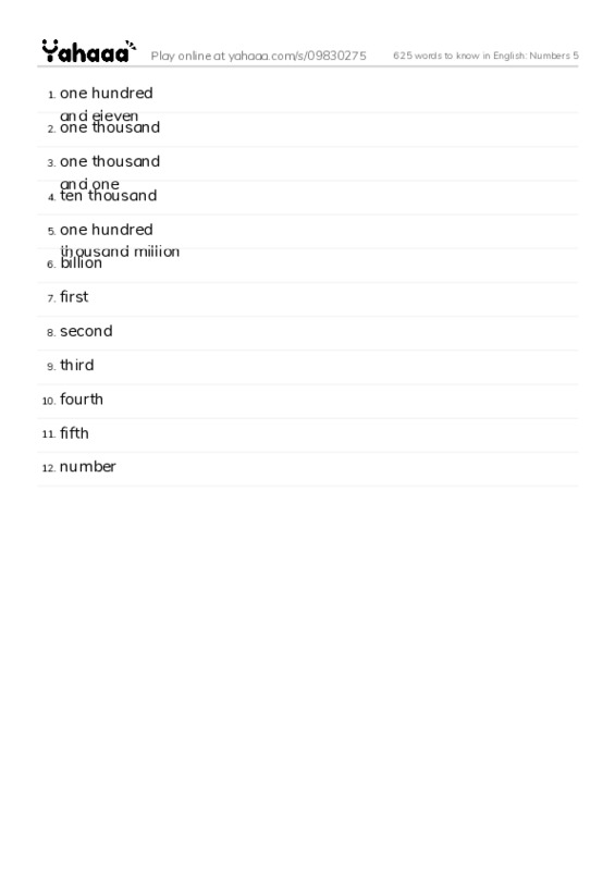625 words to know in English: Numbers 5 PDF words glossary