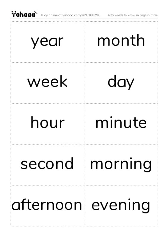 625 words to know in English: Time PDF two columns flashcards