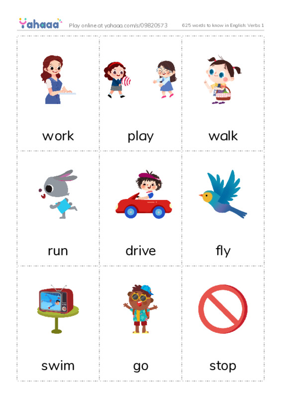 625 words to know in English: Verbs 1 PDF flaschards with images