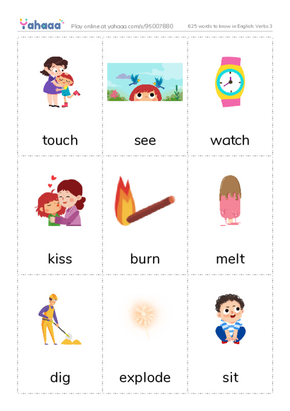 625 words to know in English: Verbs 3 PDF flaschards with images