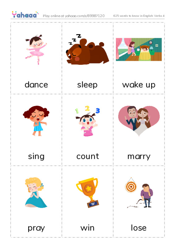 625 words to know in English: Verbs 4 PDF flaschards with images
