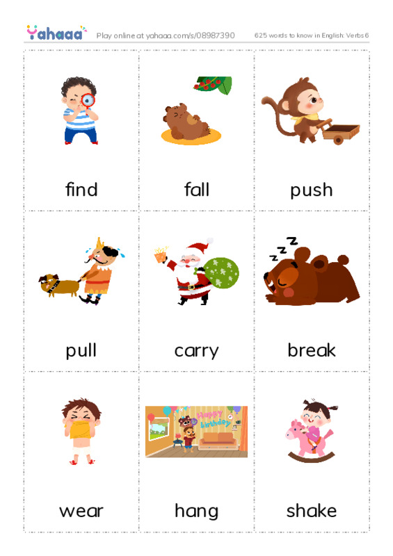 625 words to know in English: Verbs 6 PDF flaschards with images