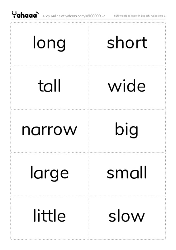 625 words to know in English: Adjectives 1 PDF two columns flashcards