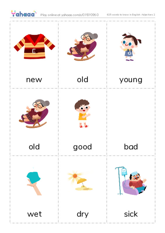 625 words to know in English: Adjectives 2 PDF flaschards with images