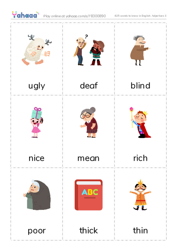 625 words to know in English: Adjectives 3 PDF flaschards with images