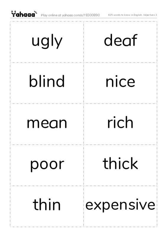 625 words to know in English: Adjectives 3 PDF two columns flashcards