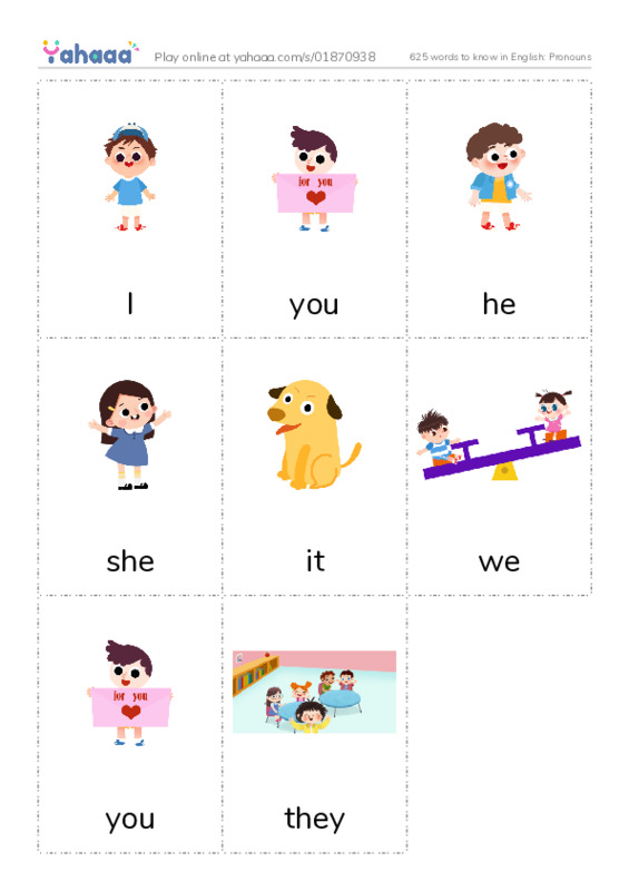 625 words to know in English: Pronouns PDF flaschards with images