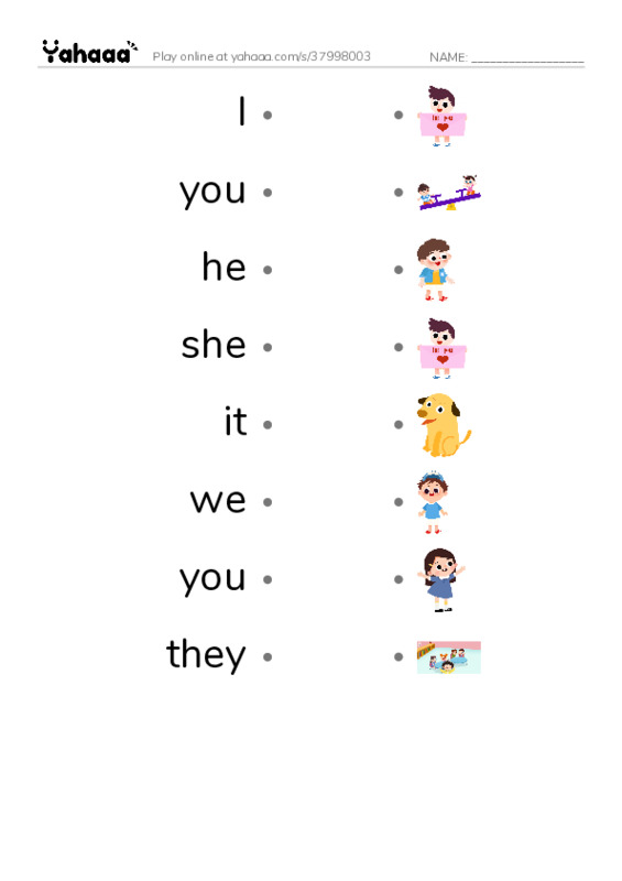 625 words to know in English: Pronouns PDF link match words worksheet