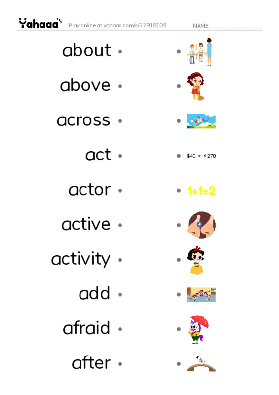 1000 basic English words: A 1 PDF link match words worksheet