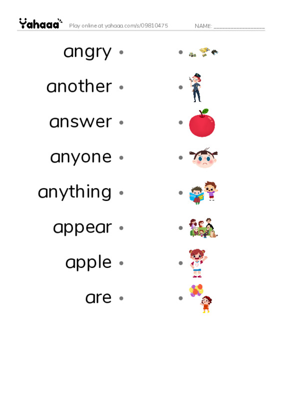 1000 basic English words: A 3 PDF link match words worksheet