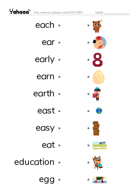 1000 basic English words: E 1 PDF link match words worksheet