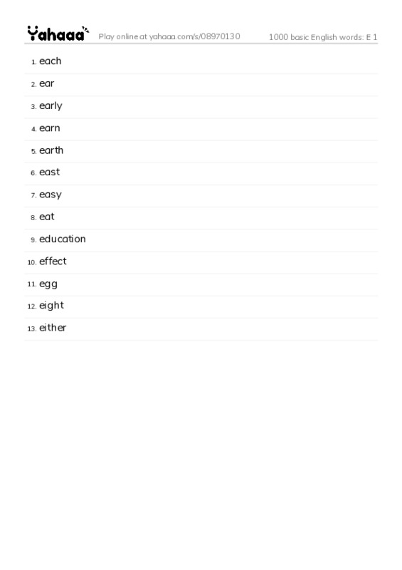 1000 basic English words: E 1 PDF words glossary