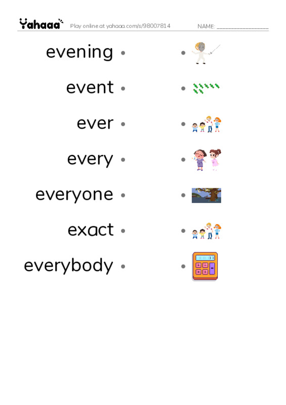 1000 basic English words: E 3 PDF link match words worksheet