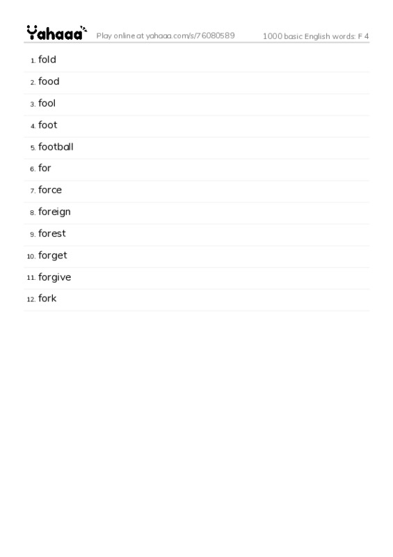 1000 basic English words: F 4 PDF words glossary
