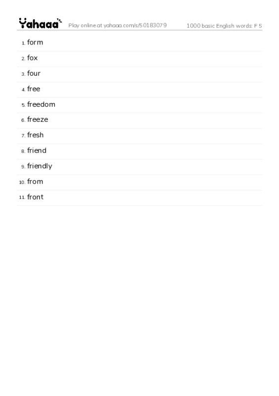 1000 basic English words: F 5 PDF words glossary