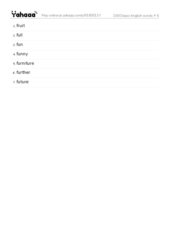 1000 basic English words: F 6 PDF words glossary