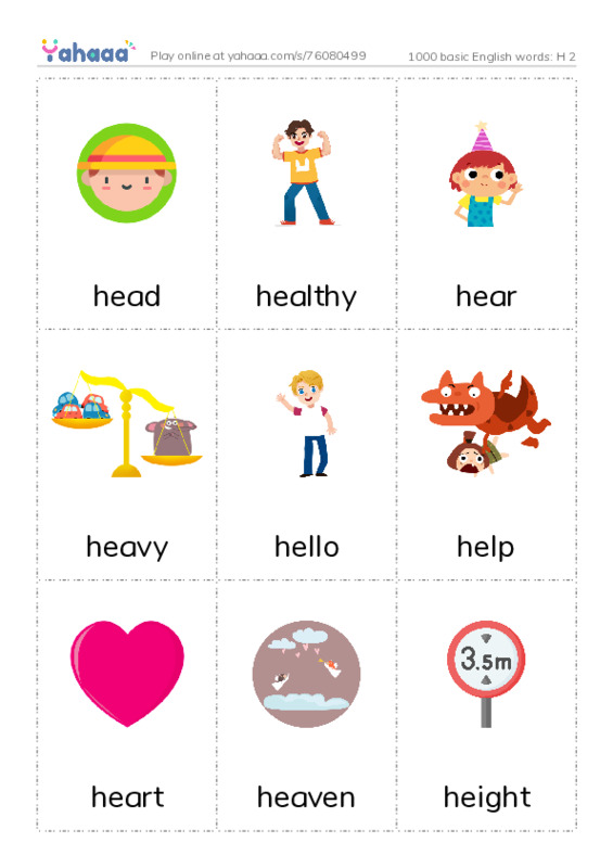 1000 basic English words: H 2 PDF flaschards with images