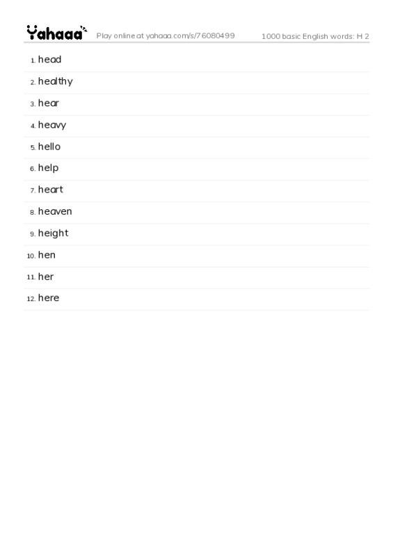 1000 basic English words: H 2 PDF words glossary