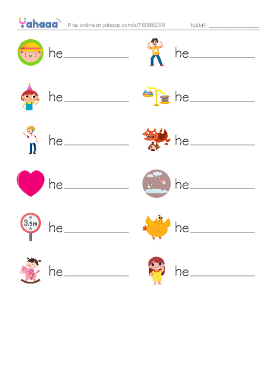 1000 basic English words: H 2 PDF worksheet writing row