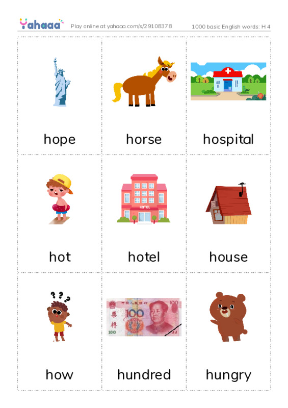 1000 basic English words: H 4 PDF flaschards with images