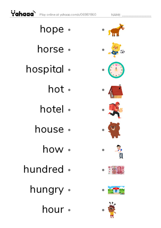 1000 basic English words: H 4 PDF link match words worksheet