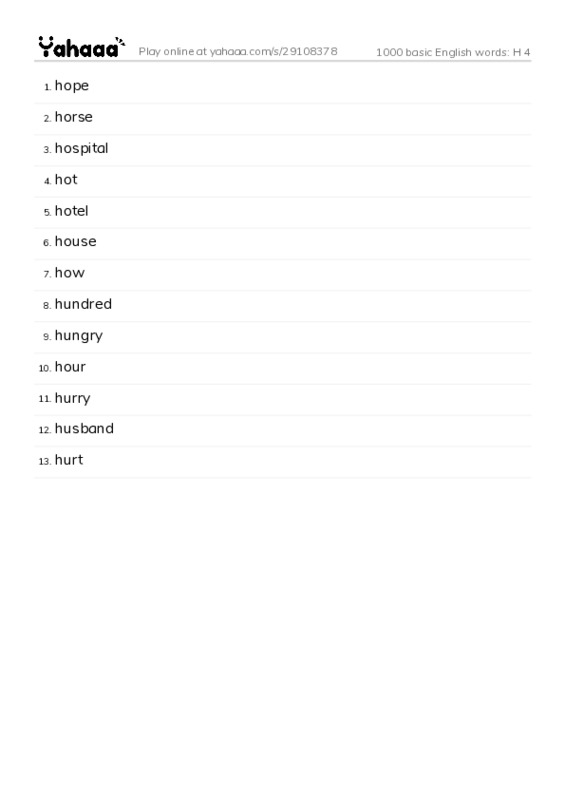1000 basic English words: H 4 PDF words glossary