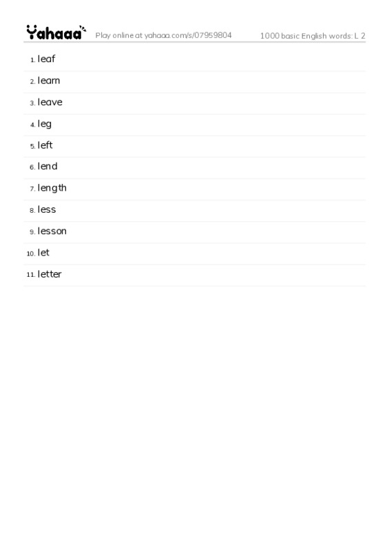 1000 basic English words: L 2 PDF words glossary