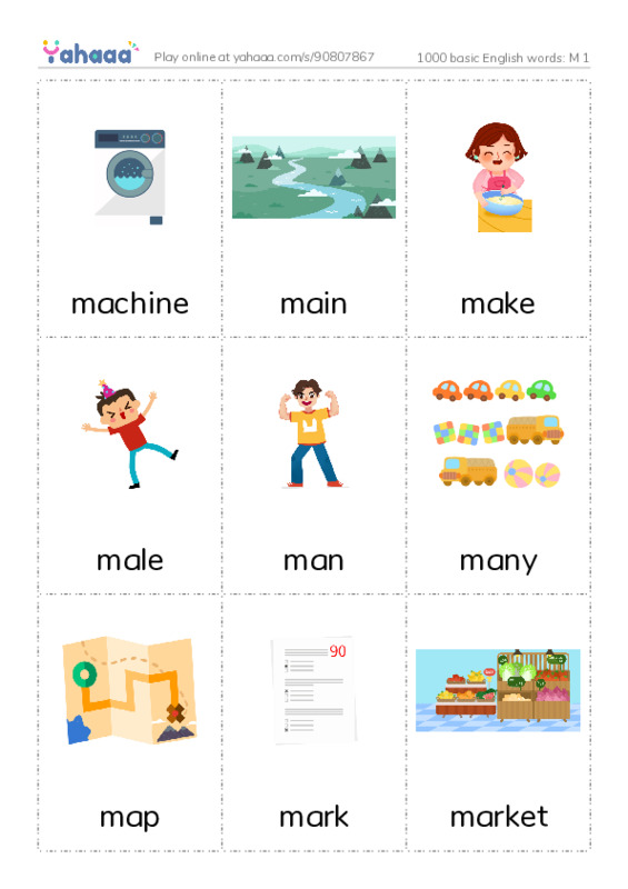 1000 basic English words: M 1 PDF flaschards with images